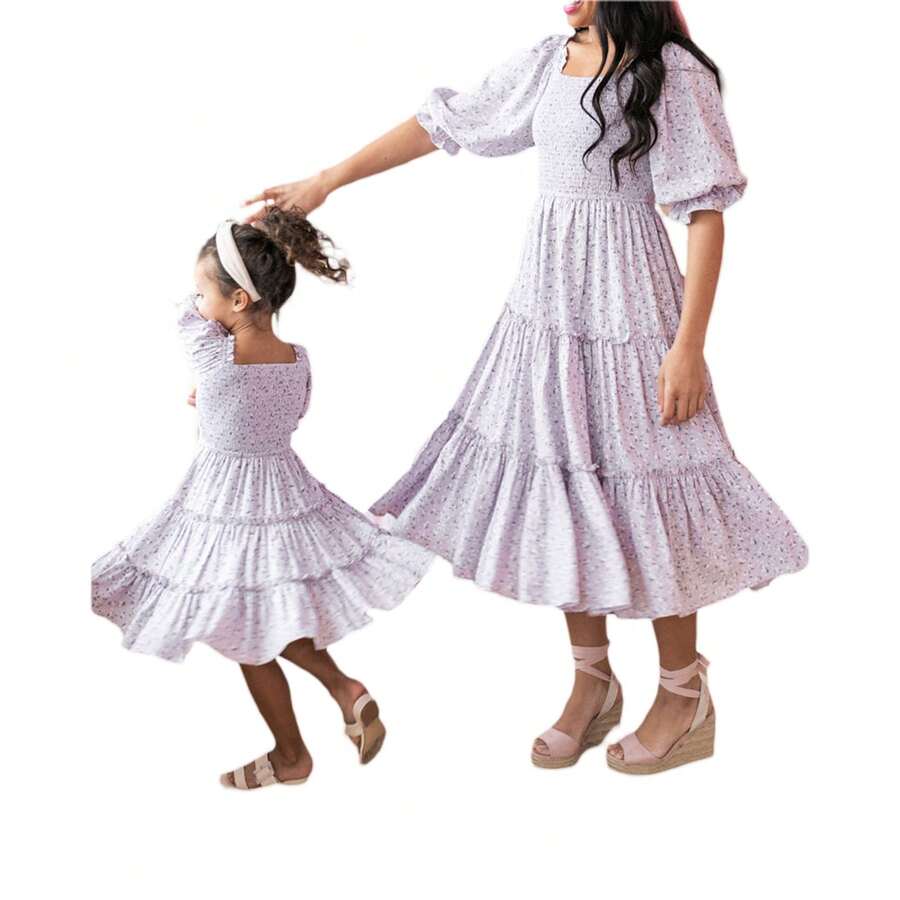 Mommy And Me Dress Mother And Daughter Matching Family Outfits Summer Mom And Girls Square Neck Maxi Dress - 紫色 - 查看 1