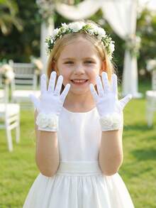 儿童缎面光滑弹力手套一双装 - 缎面花童手套，适合女孩选美比赛、芭蕾舞表演、公主生日派对和婚礼，超柔软 - 1Pair - 查看 11