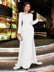 CHOSMO Vestido elegante de mujer con cuello redondo, cintura ceñida y bordado de lentejuelas para fiesta - Blanco - Ver 6