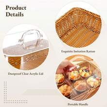 13.8 X 9.6 Inch (34.9 X 24.9 Cm) Large Rattan Bread Basket With Acrylic Cover, Tabletop Food Service Basket, Fruit Tray, Woven Food Platter, Suitable For Kitchen, Dining Room