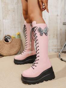 Women's Round Toe Thick Sole High Heel Tall Boots, Pink & Black, Lace-Up Elastic Fashion Boots, Autumn/Winter - Pink - View 3