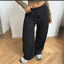 Women's Wide Leg Sweatpants, Plain Cotton, Casual, Lined, For Training, Streetwear - màu đen - Xem 1