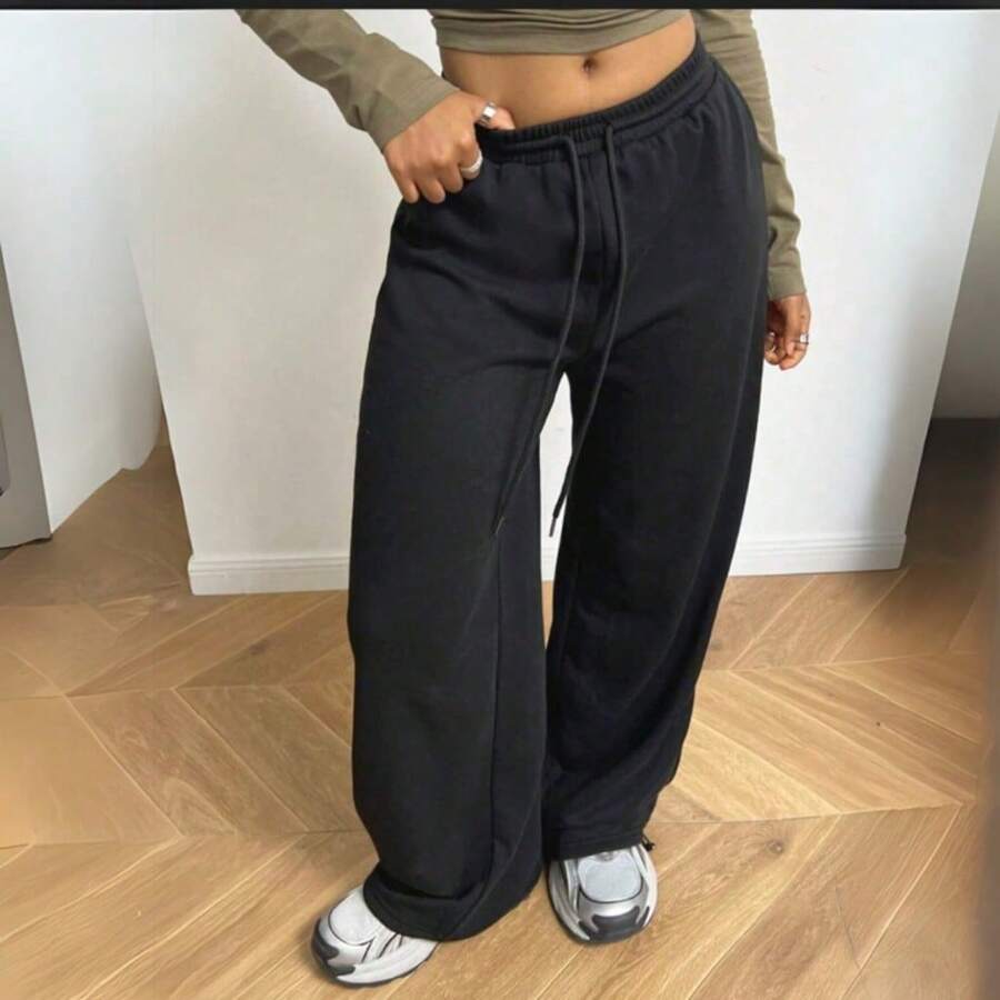 Women's Wide Leg Sweatpants, Plain Cotton, Casual, Lined, For Training, Streetwear - màu đen - Xem 1