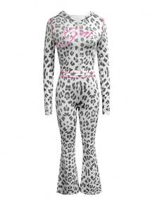 LovelyWholesale 女士可爱连帽长袖字母豹纹拉链外套和喇叭裤套装，春假穿搭，夏季度假装 - 淺灰色 - 查看 5