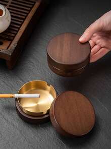 1pc Stainless Steel Ashtray, Wooden Home/Office Ashtray With Cover, Creative Ashtray To Prevent Ash Scattering - Multicolor - View 8