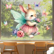 1张复活节窗贴，可爱兔子带翅膀，花束和蝴蝶图案，可移除，精美家居装饰贴纸 - 彩色 - 查看 4