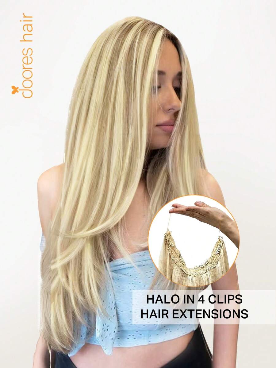 DOORES Halo Hair Extensions 100% Human Hair 12-22 Inches 70-120g Invisible Halo Hair Extensions With Adjustable Clips And Invisible Wire - S16 - View 1