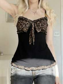 Y2K Leopard Print A-Line Camisole Tank Top, Women Street Fashion 90s Sexy Sleeveless Tie Front Crop Top, Vintage Midriff Revealing Summer Versatile Party Camisole, Vacation, Date Night, Valentine's Day Casual Black - Black - View 7
