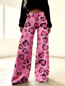 Women's Vintage Wide-Leg 3D All-Over Denim Pants With Pink Hearts & Black Outlines - Winter Warmth Long Trousers, Button Closure For Casual Outfits, Parties, And Daily Wear (Machine Washable) - Slim-Fit European/American Style - 彩色 - 查看 2