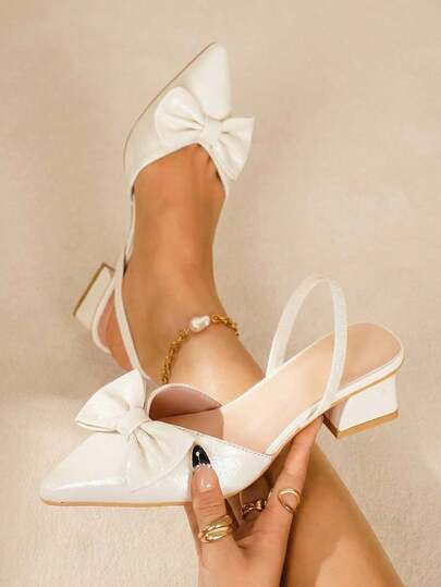 planare New Arrival 3D Bow Decoration Patent Pointed Toe Block Heel High Heel Sandals For Women, Elegant Casual Comfortable And Stable, Perfect For Work, Date, Party, Summer Wear, Versatile White Elegant Women's Shoes, Stylish And Graceful Ladies' Elegant Sandals