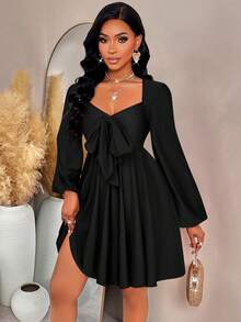 AIJ 女士优雅钥匙孔领口灯笼袖收腰短款连衣裙，纯色，适合圣诞节、春秋季穿着 - 黑色 - 查看 3