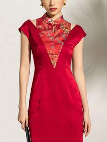 女士立领镂空侧开衩旗袍连衣裙 - 优雅短袖印花修身连衣裙，适合商务会议、公司晚宴、艺术画廊开幕式、文化庆典以及精致日常穿着，夏季之选。 - 紅色 - 查看 7