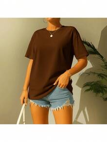 Elegant Plain Women's T-Shirt, Sizes S To XL, 100% Cotton Blouse/Shirt - 鏽棕色 - 查看 2
