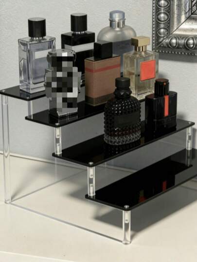 1 buc. Organizator de machiaj multistrat din acrilic negru, suport de parfum multistrat și organizator de accesorii de toaletă, potrivit pentru îngrijirea pielii, afișare cosmetice, birou, sufragerie, baie, dormitor, călătorii de vacanță, decor pentru casă, capacitate mare, decor pentru camera de machiaj