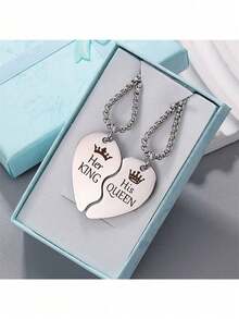 2件套国王与王后皇冠不锈钢互扣心形吊坠项链，送给男友、女友、丈夫、妻子的礼物（不含礼盒） - 彩色 - 查看 5