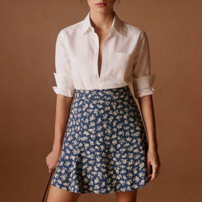 女士夏季波西米亚风碎花A字迷你裙，优雅时尚，荷叶边裙摆，无弹力涤纶面料，夏季