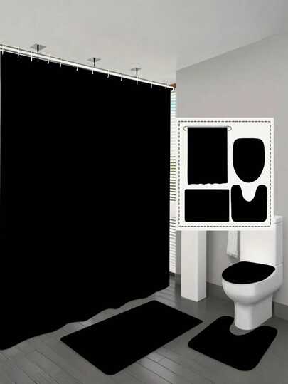 1/4 Piezas Juego de baño "Cuadrados Negros", Decoración de baño "Misteriosa", Incluye alfombra de baño, alfombra en forma de U, tapa de inodoro, cortina de ducha de 180x180 cm con 12 ganchos, adecuado para decoración minimalista y monocromática