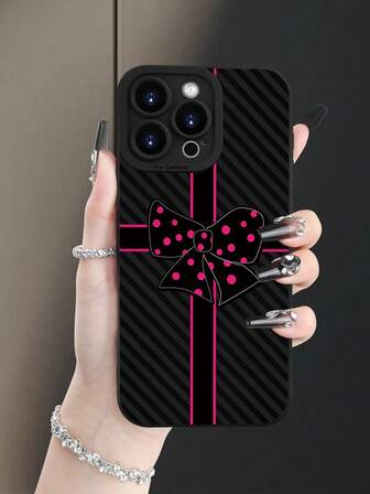 粉色波点蝴蝶结条纹图案手机壳，时尚流行，个性十足，经典黑色图案设计主题，奢华防震，美观可爱，镜头凸起保护，兼容 17/17Pro/17Pro Max、16、15、14、13、12、11 Plus/Pro Max及系列，以及Galaxy S/A系列，复活节礼物，生日装饰/礼物，送给女朋友、男朋友、朋友或自己。