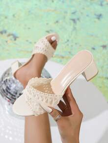 女士时尚高跟套脚凉鞋，网布设计，透气轻便休闲凉鞋 - 白色 - 查看 1