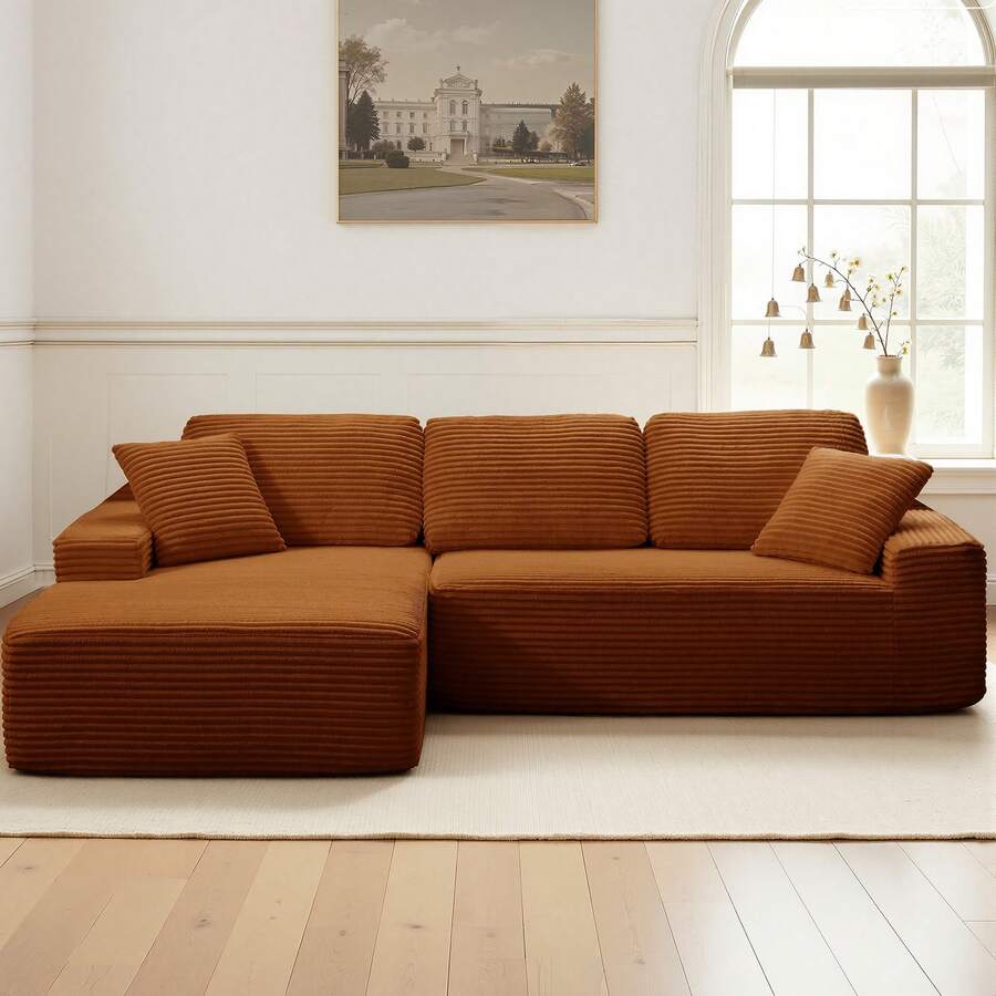 109.4" L-Shaped Boneless Sofa, Modern Corduroy Sofa, Modular Sectional Sofa With Deep Seat, Chaise Lounge Sofa For Living Room And Office, Living Room Furniture, No Assembly Required - trái cam - Xem 1