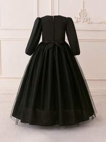 Young Girls' Long Sleeve Sequin Embroidered Mesh Elastic Elegant Holiday Party Princess Dress, Suitable For Formal Dinners And Family Gatherings, Fabric And Pattern Randomly Cut, Headband Not Included - Black - View 3