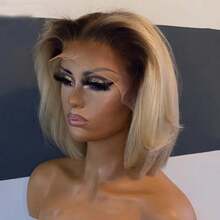 Ombre Blonde Short Bob Wig 200% Density Short Straight Lace Front Wigs Human Hair Ombre Ash Blonde Straight Lace Front Wig For Women Glueless 13x4 HD Lace Front Wig With Baby Hair Dark Roots Blonde Wig For Daily Wear Christmas New Year's Party Wig - 漸層金髮 - 查看 11