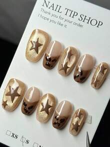 10 Handmade Press-On Nail Art Pieces, Oval-Shaped Five-Pointed Star Elements, Cat-Eye Brown Leopard Print, Cute Nail Art. Removable And Reusable, Suitable For Women, Perfect For Vacations, Holidays, Or Everyday Wear. Nails Nail Supplies - Rust Brown - View 8