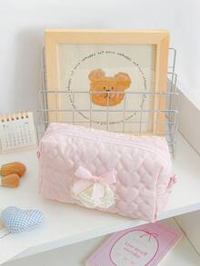 Carino borsa cosmetici imbottita in schiuma con motivo a griglia e a strisce, borse per il trucco con decorazioni in pizzo e fiocco, borsa per cosmetici con motivo a cartoni animati, borsa per cosmetici di grande capacità con cerniera, borsa per cosmetici a forma di cuore, borsa da toilette portatile, borsa da toilette a quadri - Multicolore - Visualizzare 4