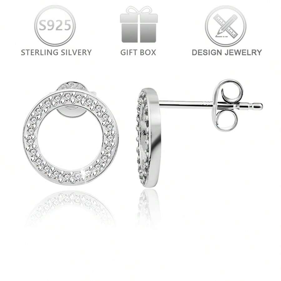 1 Pair 925 Sterling Silver Simple & Versatile Hollow Circle Earrings With Cubic Zirconia, Suitable For Daily Casual Wear, Commuting, Holidays, Birthdays, Valentine's Day Gifts - Silver - View 1