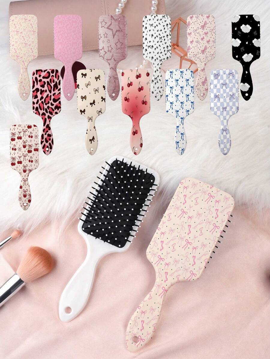 1pc Y2K Kawaii Series Air Cushion Comb, Featuring Unique Bow, Leopard Print, Star, Floral, Cloud, Cherry Motifs In Aesthetic, Straight Hair Brush Made Of Durable PC+TPU Material - Multicolor - View 1