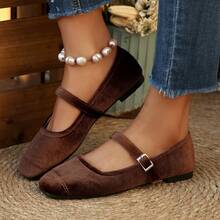 法式拼接平底玛丽珍鞋，系带设计，仿珍珠和天鹅绒材质，百搭时尚，夏季新品 - 咖啡色 - 查看 3