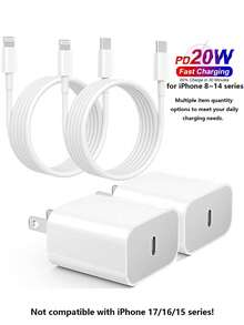 FCV 多件装 20W PD USB C 墙式快速充电器适配器，带 3 英尺/6 英尺 Type C 转 Lightning 数据线，兼容 14 13 12 11 Pro Max XR XS X SE [不兼容 15/16/17 系列] - 白色 - 查看 2