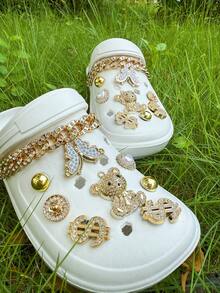 Conjunto de 18 peças de botões decorativos removíveis com strass dourado em formato de ursinho, corrente e flor para sapatos de jardim. Ideais para sapatos de praia, sapatos vazados, presentes de Natal e para todas as estações. - Ouro - Ver 7