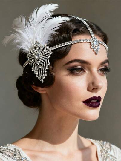 1pc Feather Headpiece, Vintage Side Rhinestone Hair Chain, Retro Headband For Masquerade Ball, Bride To Be, Party, Hair Accessories For Women, Hair Jewelry