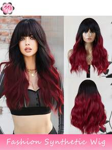 22 Inches Black And Red Wig Long Curly Wig With Bangs For Women Fluffy Wavy Two Tone Heat Resistant Synthetic Ombre Wig (Black And Red)Synthetic Fiber Wig Women Party Wig Realistic Natural Sexy Charming Heat Resistant Wig,Party Wig Accessories - Red Ombre - View 2