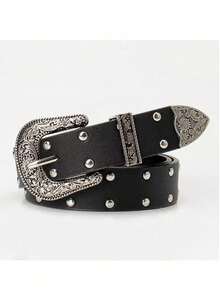 Boho Western Cowboy Style Carved Buckle Solid Color Embossed PU Leather Belt, Coffee Color Punk Belt, Suitable For Pants, Skirts, Coats, Sweaters, Western Style, Fit For Street, Party, Music Festival, Plus Size, Christmas - Bronze (bronze Buckle) - View 5