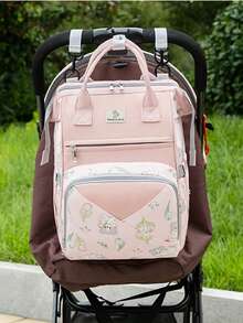 1pc Cartoon Floral Pattern Mommy Backpack, Bottle Bag, Printed Stroller Diaper Bag, Multifunctional Tote Bag, Suitable For Outings, Vacations, Shopping, Daily Commute And More - Multicolor - View 5