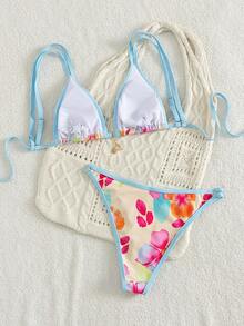 新款随机印花女士两件式比基尼套装，配有可调节肩带，适合夏季海滩度假、性感海滩派对和休闲穿着。 - 淺藍色 - 查看 3