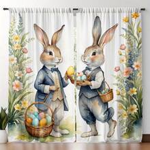 2 piezas Cortinas con estampado de huevos de Pascua en estilo acuarela que presentan un conejo con traje y patrones florales. Estampado plano, tela transparente, perfecta para la decoración del hogar en Pascua/primavera. Adecuada para dormitorios, salas de estar y ventanas del comedor. - Multicolor - Ver 1