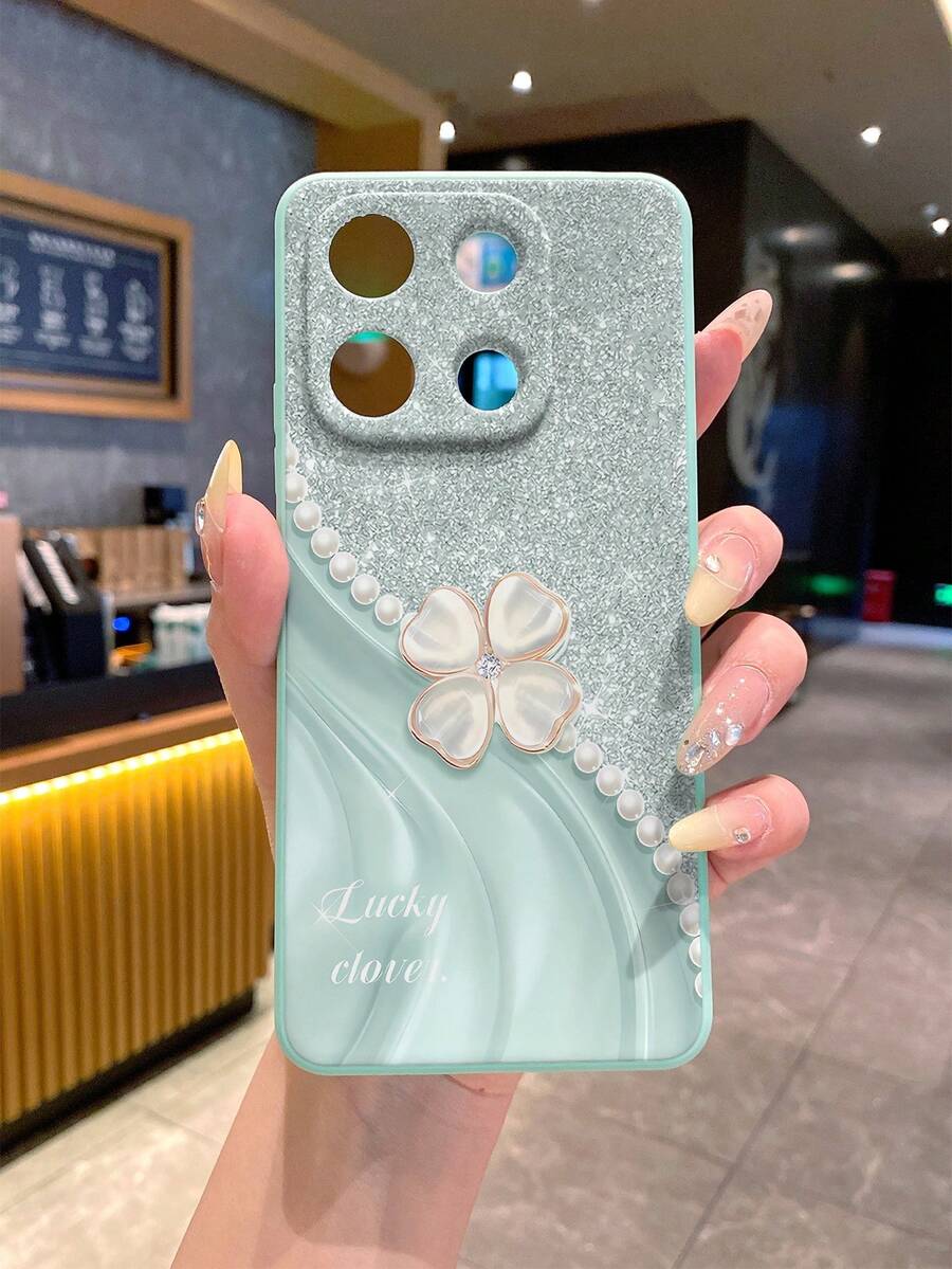 1 pieza Funda de teléfono de silicona suave con patrón de trébol de perlas falsas, minimalista y de lujo, a prueba de golpes y antihuellas dactilares, compatible con Android Smartphones - S25Ultra/S24Ultra/S23Ultra/S22Ultra, compatible con Redmi 12/Note 13, compatible con OPPO, compatible con la serie Realme, versión internacional, no la versión nacional - cian claro - Ver 1