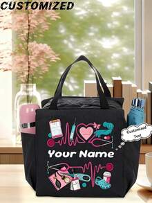1pc Customized Name Nurse Tote Bag, Personalized Nurse Theme Lunch Bag, Custom Name, Heartbeat & Stethoscope Print Design - Multicolor - View 1