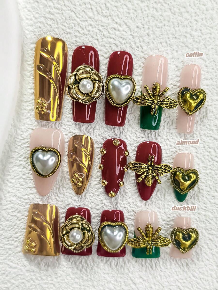 10片“秘密花园”美甲贴纸，手工美甲套装，金色珠子美甲装饰，蜜蜂、爱心、山茶花美甲装饰，深绿色、深红色和金色凝胶美甲，3种尺寸：杏仁形、鸭嘴形、棺材形美甲，包含工具包，适合女性和女孩，可用于派对、拍照、日常美甲。 - 彩色 - 查看 1