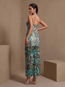 Women's Elegant Beaded Double-Layer Bustier Formal Dress, Suitable For Wedding Guest - Green - View 2