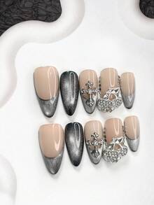 10件套奢华女继承人风格凝胶美甲套装，亚克力按压式美甲贴片，银色十字架，双樱桃美甲装饰，闪亮银色星空美甲贴纸，黑色指甲油，豹纹风格，送给女性和女孩的绝佳礼物，包含美甲工具（1张果冻贴片+1个指甲锉），3种尺寸：杏仁形、鸭嘴形、棺材形，适合日常、通勤、派对、摄影、冬季美甲，手工按压式美甲贴片。 - 彩色 - 查看 15