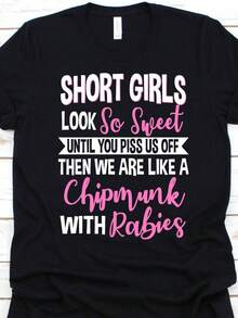 1pc Women' S Funny Sarcastic Short Girls Print Black TShirt, Crew Neck, Casual Cotton Tee Medium Stretch Knit Fabric, Regular Fit For Female Ladies For Spring/ Summer/ Fall Valentine' S Day, St. Patrick' S Day, Easter, Mother' S Day, Independence Day - 黑色 - 查看 1
