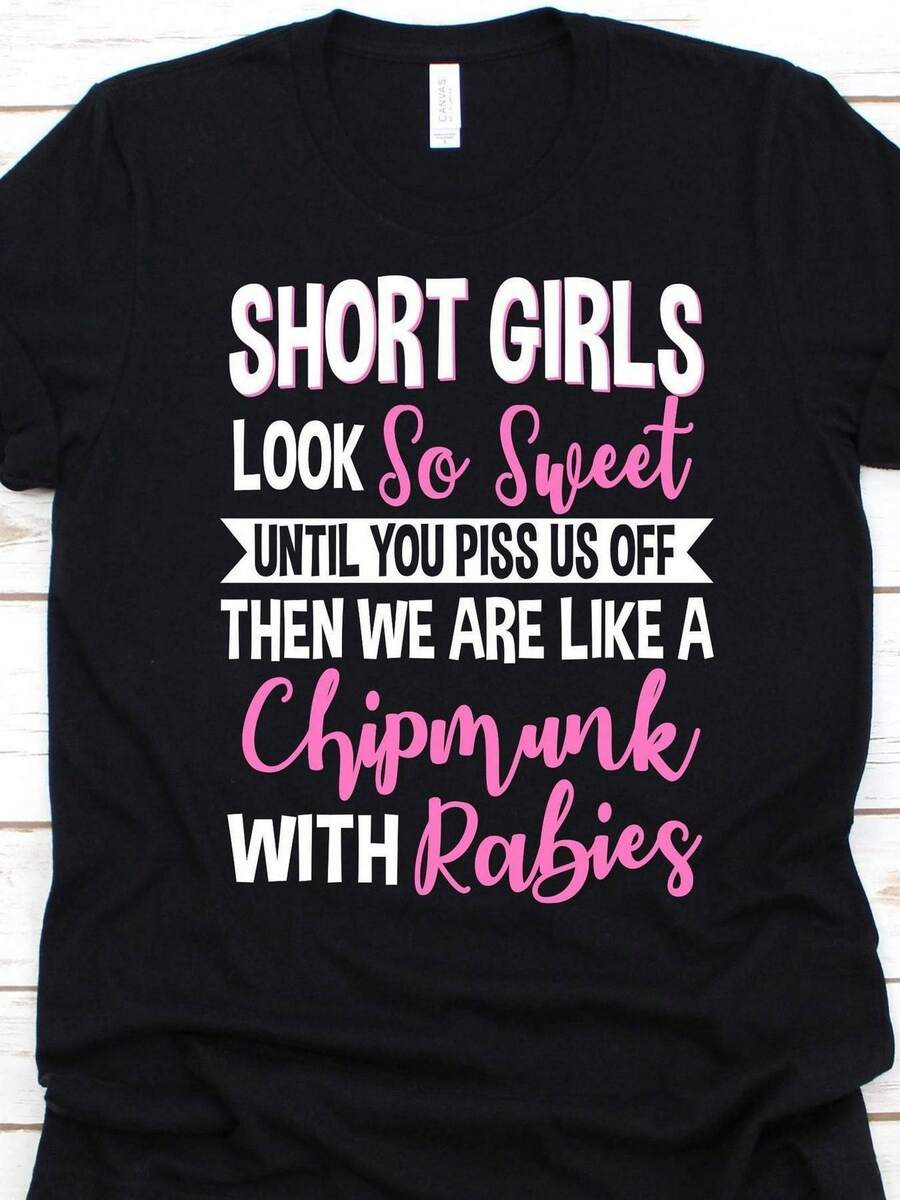 1pc Women' S Funny Sarcastic Short Girls Print Black TShirt, Crew Neck, Casual Cotton Tee Medium Stretch Knit Fabric, Regular Fit For Female Ladies For Spring/ Summer/ Fall Valentine' S Day, St. Patrick' S Day, Easter, Mother' S Day, Independence Day - 黑色 - 查看 1