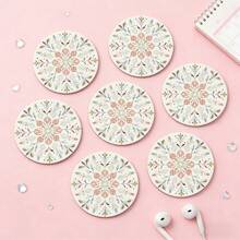 6pcs/Set Bohemian Floral Pattern Round Wooden Coasters, Decorative Drink Coasters For Beverages, Wine And Beer, Home And Party Decor, Great Housewarming Gift, Coffee Table Decoration | Bohemian Style | Wooden Coasters, Available In 1 Set, 2 Sets Or 3 Sets - White - View 8