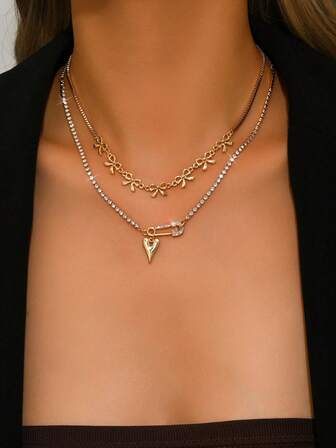 1pc European & Middle Eastern Fashion Bowknot, Heart, Brooch, Glass Rhinestone Pendant Necklace Jewelry, Double-Layer Necklace That Can Showcase A Woman's Unique Style And Charm, Especially Suitable For Parties, Weddings, Holidays And Other Special Occasions, Also Makes A Great Gift