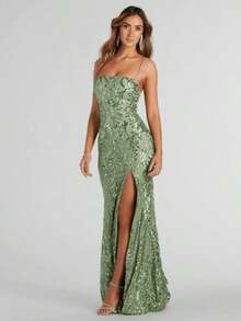 Stylish Sexy Suspender Halter High Split Celebrity Sequin Dress Dress - màu xanh lá - Xem 1