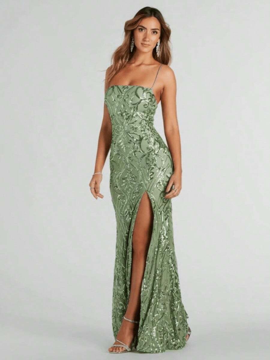 Stylish Sexy Suspender Halter High Split Celebrity Sequin Dress Dress - màu xanh lá - Xem 1